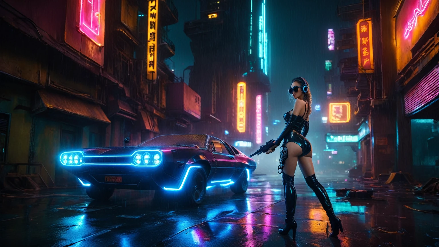 (aerial view, a flying cars docking platform, a very dark abandoned futuristic city, neon lights), rainy night. (((1girl, solo, alone))), large-breast:1.2 slim body, cleavage:1.1, sexy wind blowing wet dress:1.4, (((headphone, black sunglasses, standing and holding pistol:1.8, dynamic seductive pose))), (((((half-body thigh level medium shot))))), cinematic lighting, lens flare, ray tracing.
