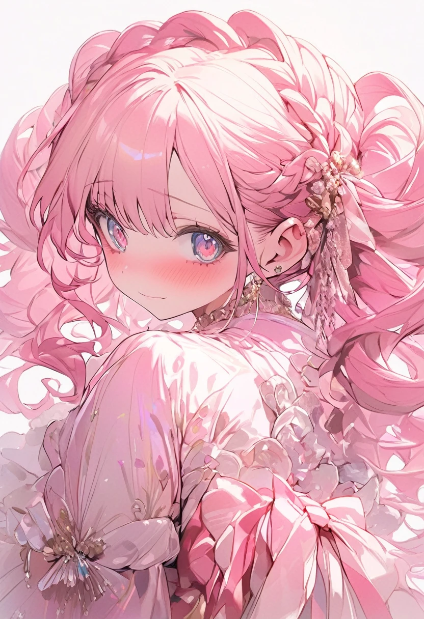 best quality, Super Fine, 16K, Ridiculous, Extremely detailed, Beautiful and lovely woman, Shy, Big shining eyes, Golden double-sided princess hairstyle, And a princess-like pink ruffled long flared dress, Simple color background