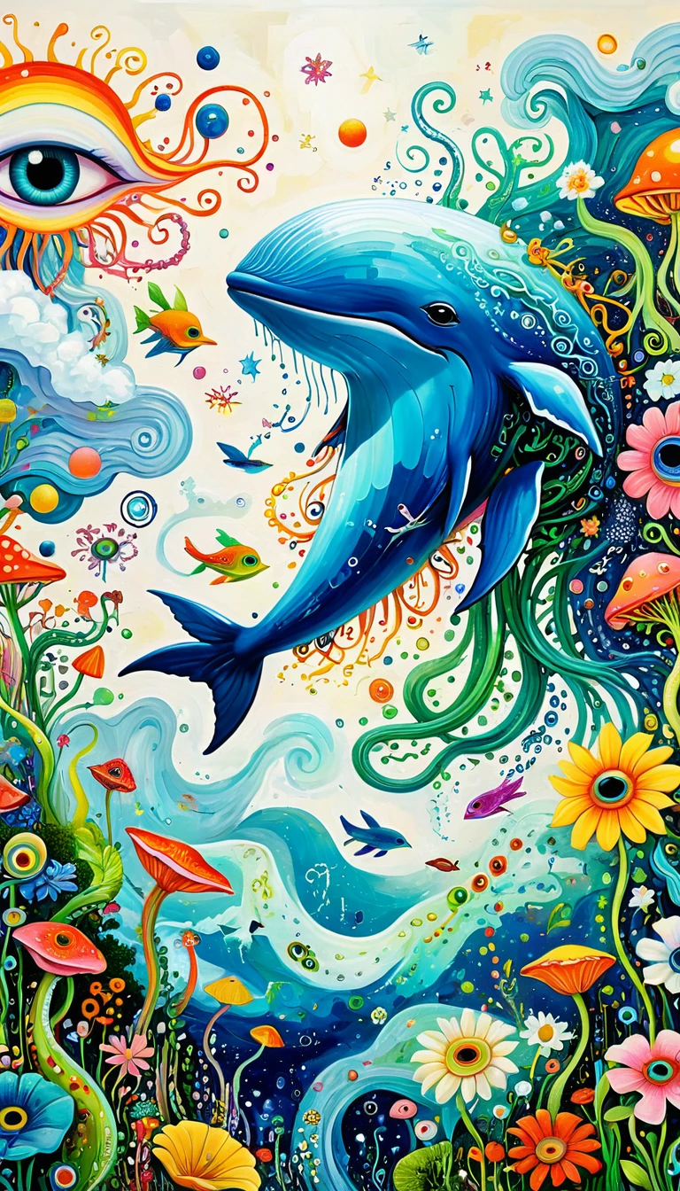 Children's graffiti,Thick coating，Concave and convex texture，Oil pastel strokes：Artists from the stars，Flying Whale:1.37、White Cloud、flowesh、Tentacles、bird、(((Eye)))、diatom，Abstract mosaic painting，Describing the inner world of autistic people，Large area of white，interesting，Innocence，Vision，Psychedelic Art，grid：1.1
