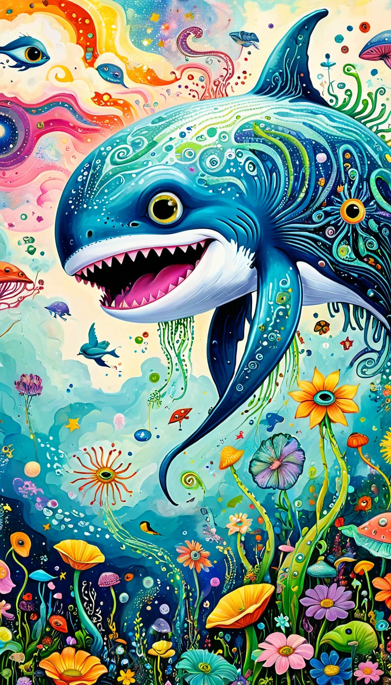 Children's graffiti,Thick coating,Concave and convex texture,Oil pastel strokes:Artists from the stars,Flying Whale:1.37、White Cloud、flowesh、Tentacles、bird、(((Eye)))、diatom,Abstract mosaic painting,Describing the inner world of autistic people,Large area of white,interesting,Innocence,Vision,Psychedelic Art,grid:1.1