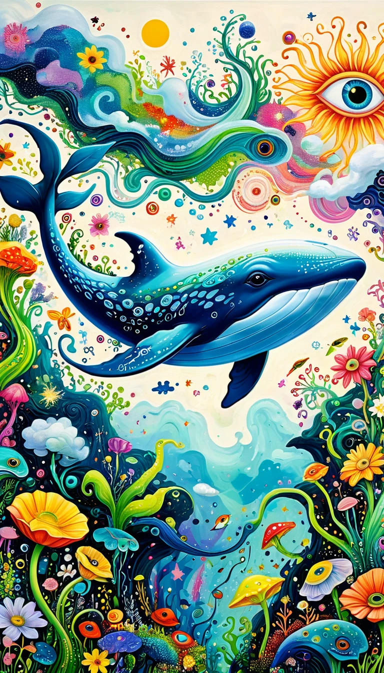 Children's graffiti,Thick coating，Concave and convex texture，Oil pastel strokes：Artists from the stars，Flying Whale:1.37、White Cloud、flowesh、Tentacles、bird、(((Eye)))、diatom，Abstract mosaic painting，Describing the inner world of autistic people，Large area of white，interesting，Innocence，Vision，Psychedelic Art，grid：1.1
