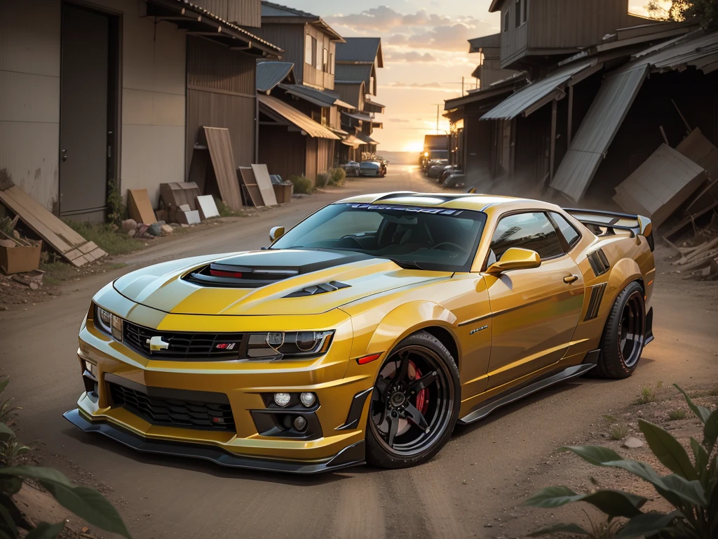 "Chevrolet Camaro 2SS 2014 in brutal sport tuning and oversized off-road wheels that protrude beyond the wheel arches at sunset with the horizon in the background."