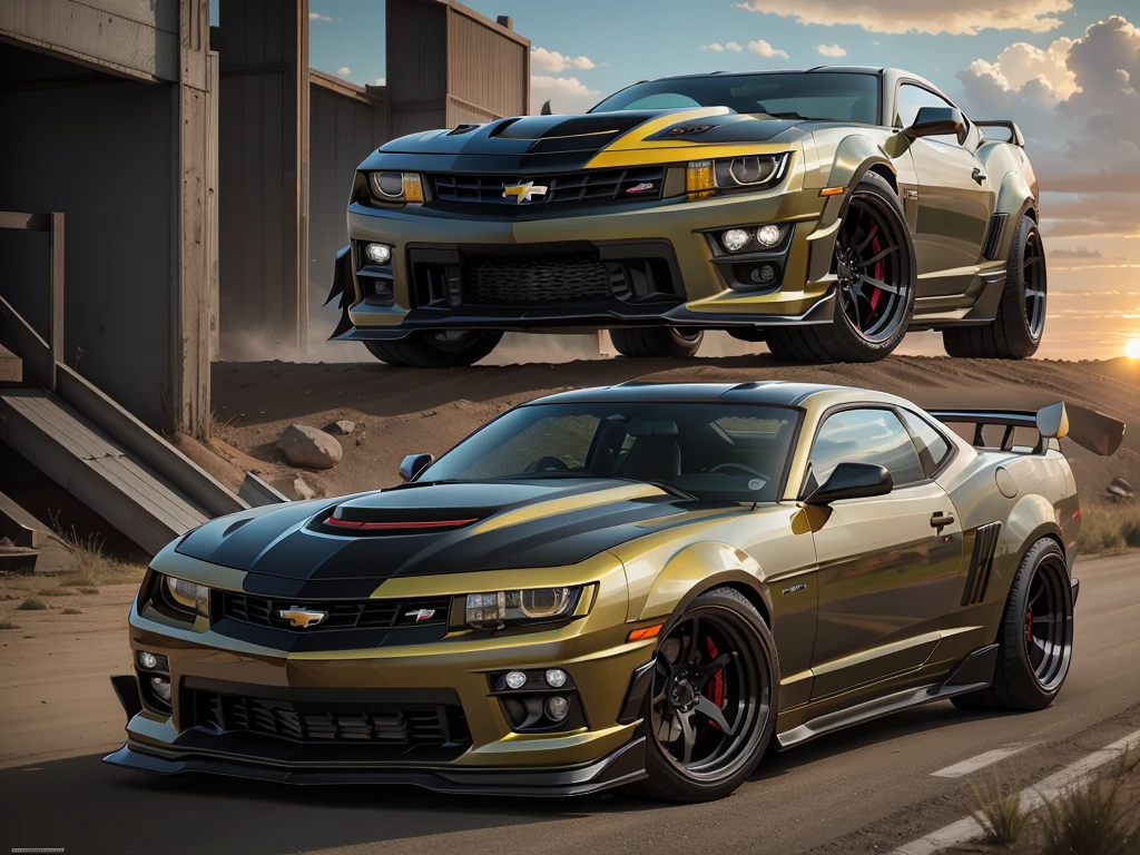 "Chevrolet Camaro 2SS 2014 in brutal sport tuning and oversized off-road wheels that protrude beyond the wheel arches at sunset with the horizon in the background."