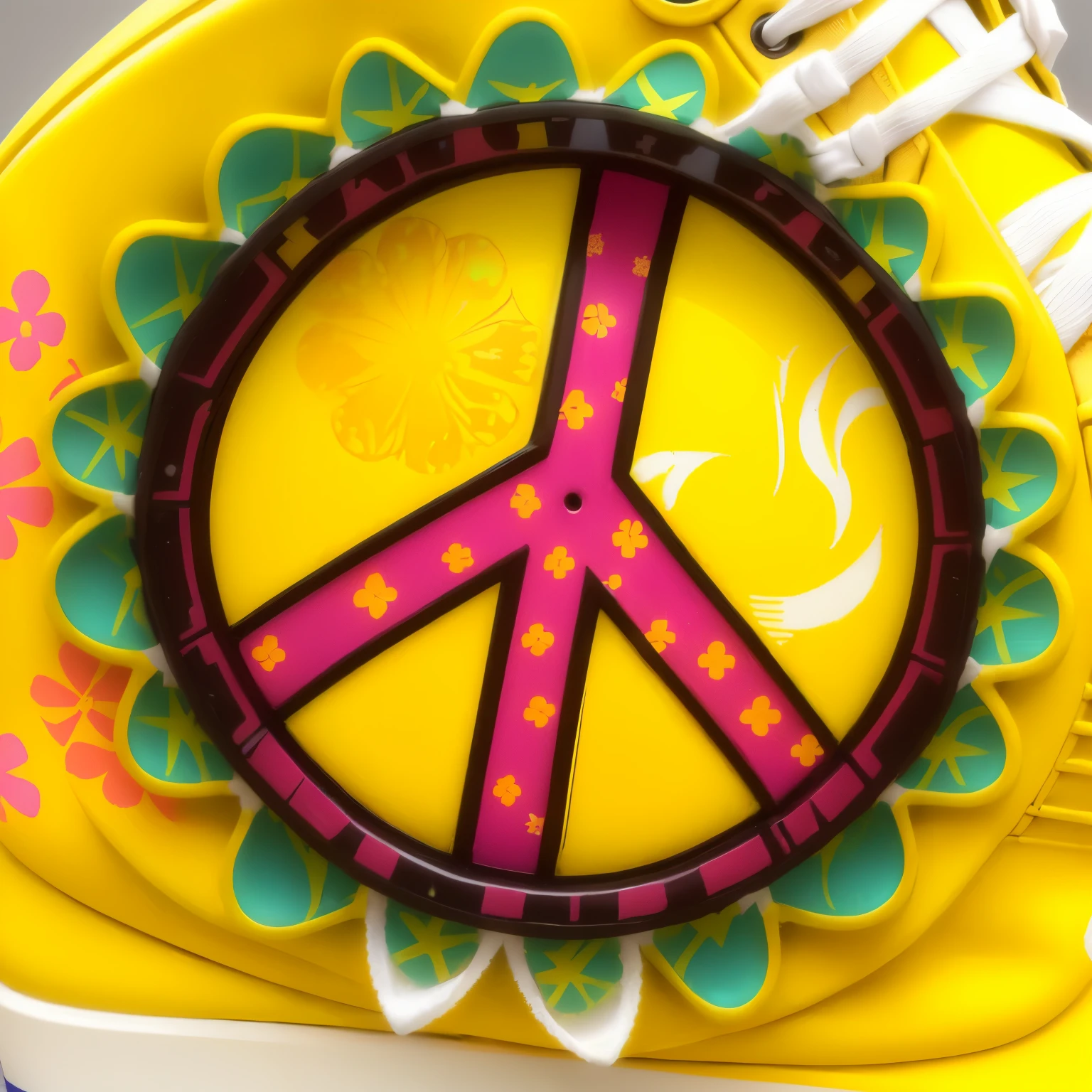 yellow Peace sign painted on a pair of sneakers with a white lace, Peace sign, Peace and love, Adding Details, love Peace and unity, hippie, 1hippie fashion, Funky atmosphere, Peace, 70s psychedelic style，flower，Peace图标，HD 8k，