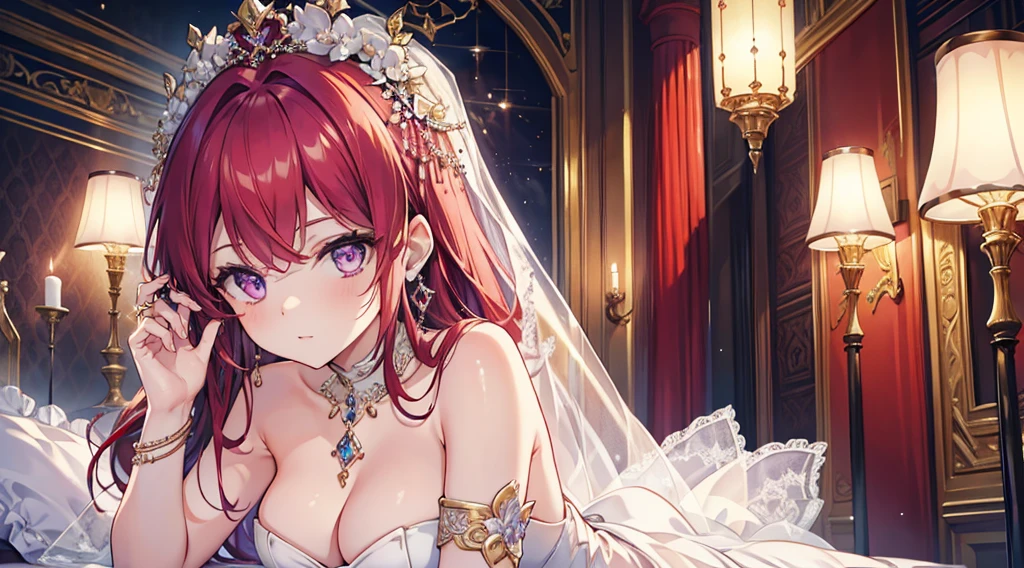 Highest quality, masterpiece, figure, wallpaper,One woman, Beautiful detailed woman, Highly detailed eyes and face, Beautiful attention to detail, Shine, View your viewers, Purple Eyes,,Bright Red Hair ,crisp finger, clear background, deep night、Big earrings、bracelet,28 years old,Are standing,Slim body,Wedding dress