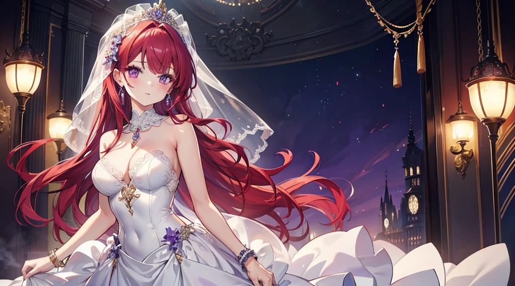 Highest quality, masterpiece, figure, wallpaper,One woman, Beautiful detailed woman, Highly detailed eyes and face, Beautiful attention to detail, Shine, View your viewers, Purple Eyes,,Bright Red Hair ,crisp finger, clear background, deep night、Big earrings、bracelet,28 years old,Are standing,Slim body,Wedding dress