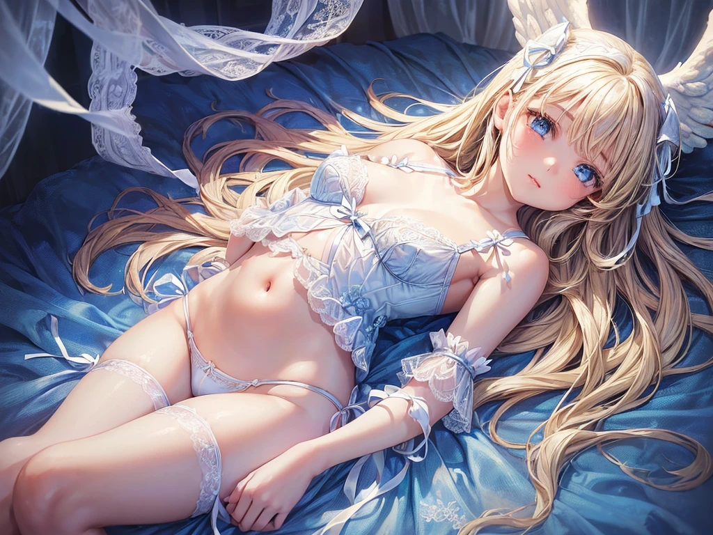 (((depict young girl angel))), (((top-quality, masterpiece))), angel girl, (lace lingerie), ((cute white lingerie with lot of details)), (((light blue ribbons on lingerie))), straight blond hair, deep blue eyes, (((small breasts))), nice hips, open shoulder, flying, (Masterpiece, Excellent, complex details), delicate girl, delicate face, happy smille