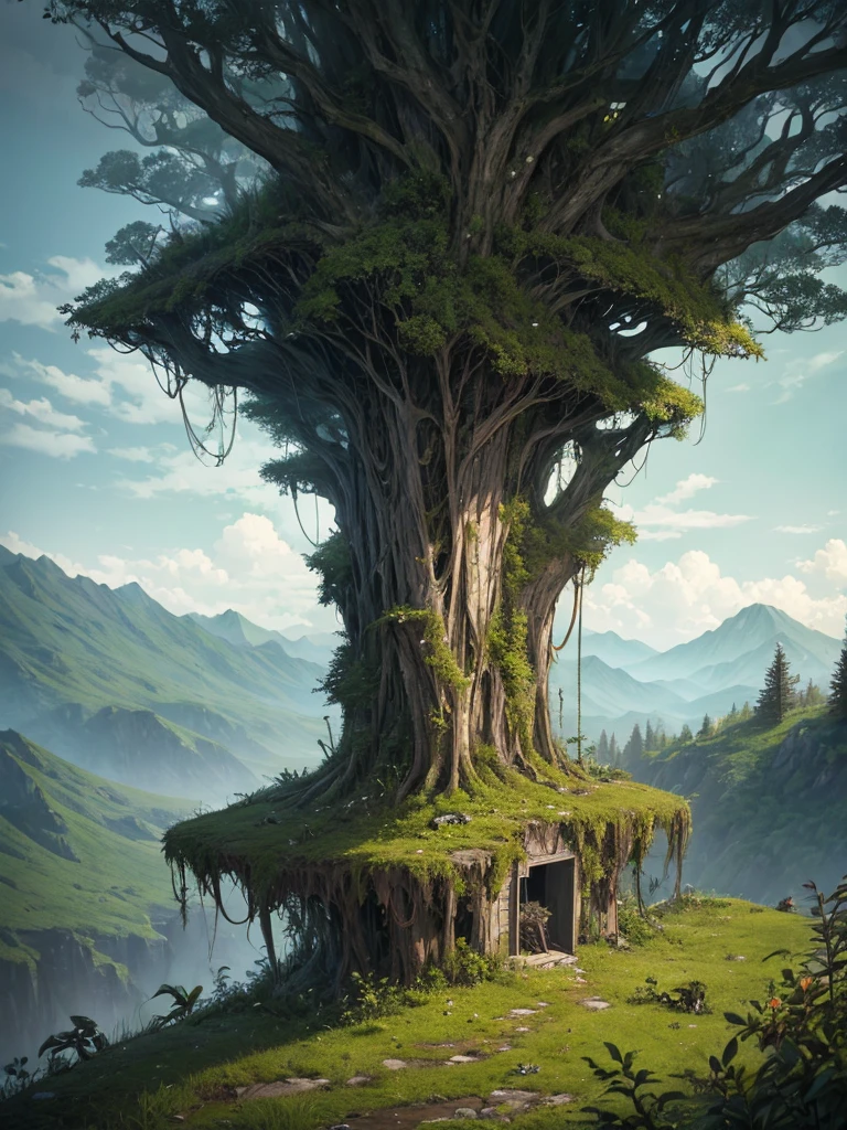 An airplane was stranded between high hills, cracked, wings broken, dull, rusty. the conditions were mossy and overgrown with wild plants that spread, the roots of large trees spread. There are skulls and bones scattered around, there are no signs of life, the atmosphere is hills and deep ravines, eerie, deserted and untouched.