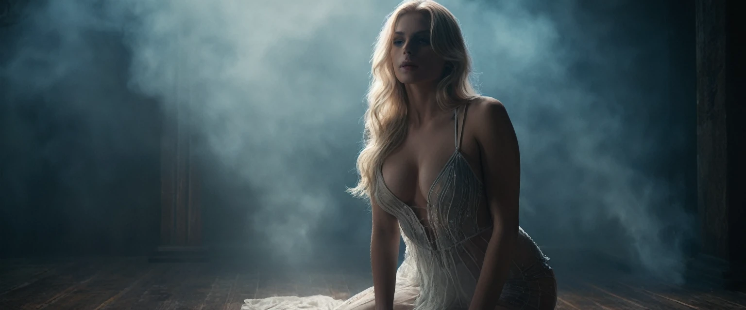 alluring blond woman with long hair, kneeling, blue eyes, pale skin, aesthetic body, hourglass figure, fit, wearing white sheer transparent clothing, sharp and delicate facial features, interplay of light and shadows, surreal, magical, mystical, generous and welcoming, (Gloomy and dark atmosphere), soft natural light, faded colours, sexy, great quality, Masterpiece, detailed fantasy background, better performance, 16k quality, HDR, RAW photo. The dramatic lighting, inspired by chiaroscuro, creates a cinematic atmosphere, with deep shadows and highlights that evoke a moody, gritty, and dark gothic ambiance. [The character is surrounded by mist, she is holding her breasts, evoking a mysterious and eerie atmosphere. The lighting is dark and atmospheric, with a red smoke adding a touch of sinister ambiance. The image is of the best quality, with a resolution of 4k and HDR enhancement, showcasing the utmost level of detail and realism, sfw, full body shot.]. [8K, Best Quality, Masterpiece, Ultra High Resolution, (highly detailed CG unity 8k wallpaper), (best photo), (best shadows), isometric 3D, octane rendering, ray tracing, highly detailed, (Best quality, 4K, 8k, A high resolution, masterpiece:1.2), absurdity, ultra detailed, (realistic, photorealistic, photorealistic:1.37), complex parts, HDR, (complex parts:1.12), (hyper detailed, hyper realistic, Soft lighting, spicy:1.2), (complex parts, Hyper detailed:1.15). Blurred foreground. (backlit), realistic, masterpiece, high quality, brightness, chromatic aberration, 8k uhd, some smoke, shadows, contrast, clear sky, (warm hue, warm tone), high details, natural reflections].