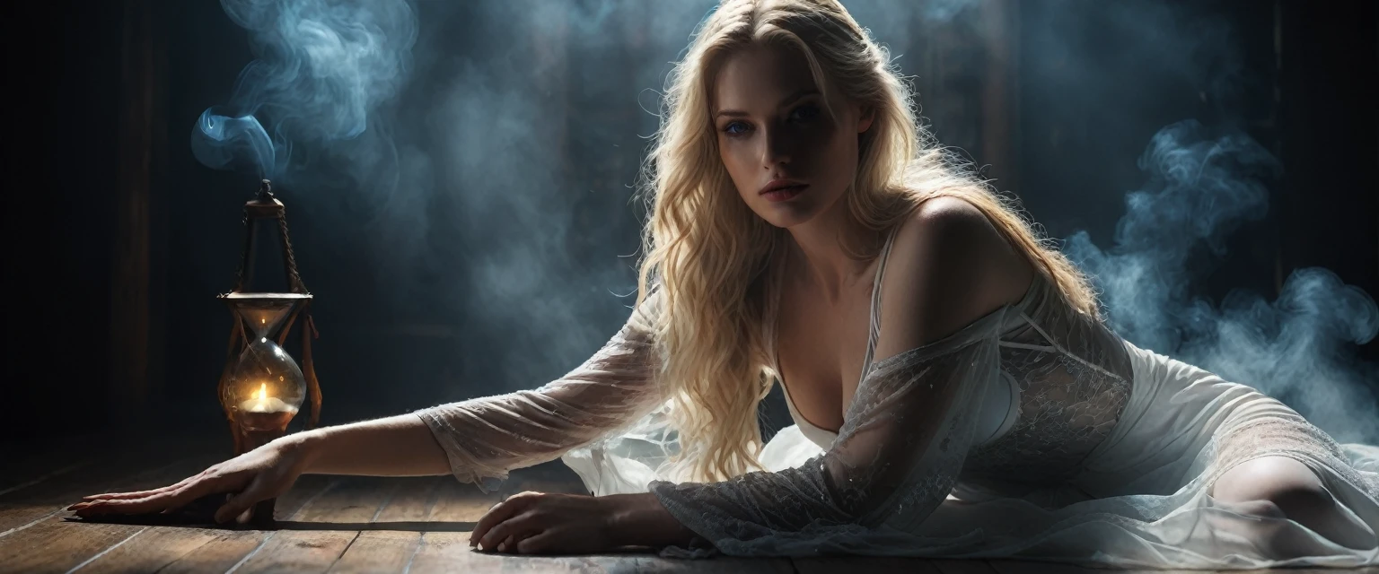 alluring blond woman with long hair, kneeling, blue eyes, pale skin, aesthetic body, hourglass figure, fit, wearing white sheer transparent clothing, sharp and delicate facial features, interplay of light and shadows, surreal, magical, mystical, generous and welcoming, (Gloomy and dark atmosphere), soft natural light, faded colours, sexy, great quality, Masterpiece, detailed fantasy background, better performance, 16k quality, HDR, RAW photo. The dramatic lighting, inspired by chiaroscuro, creates a cinematic atmosphere, with deep shadows and highlights that evoke a moody, gritty, and dark gothic ambiance. [The character is surrounded by mist, she is holding her breasts, evoking a mysterious and eerie atmosphere. The lighting is dark and atmospheric, with a red smoke adding a touch of sinister ambiance. The image is of the best quality, with a resolution of 4k and HDR enhancement, showcasing the utmost level of detail and realism, sfw, full body shot.]. [8K, Best Quality, Masterpiece, Ultra High Resolution, (highly detailed CG unity 8k wallpaper), (best photo), (best shadows), isometric 3D, octane rendering, ray tracing, highly detailed, (Best quality, 4K, 8k, A high resolution, masterpiece:1.2), absurdity, ultra detailed, (realistic, photorealistic, photorealistic:1.37), complex parts, HDR, (complex parts:1.12), (hyper detailed, hyper realistic, Soft lighting, spicy:1.2), (complex parts, Hyper detailed:1.15). Blurred foreground. (backlit), realistic, masterpiece, high quality, brightness, chromatic aberration, 8k uhd, some smoke, shadows, contrast, clear sky, (warm hue, warm tone), high details, natural reflections].