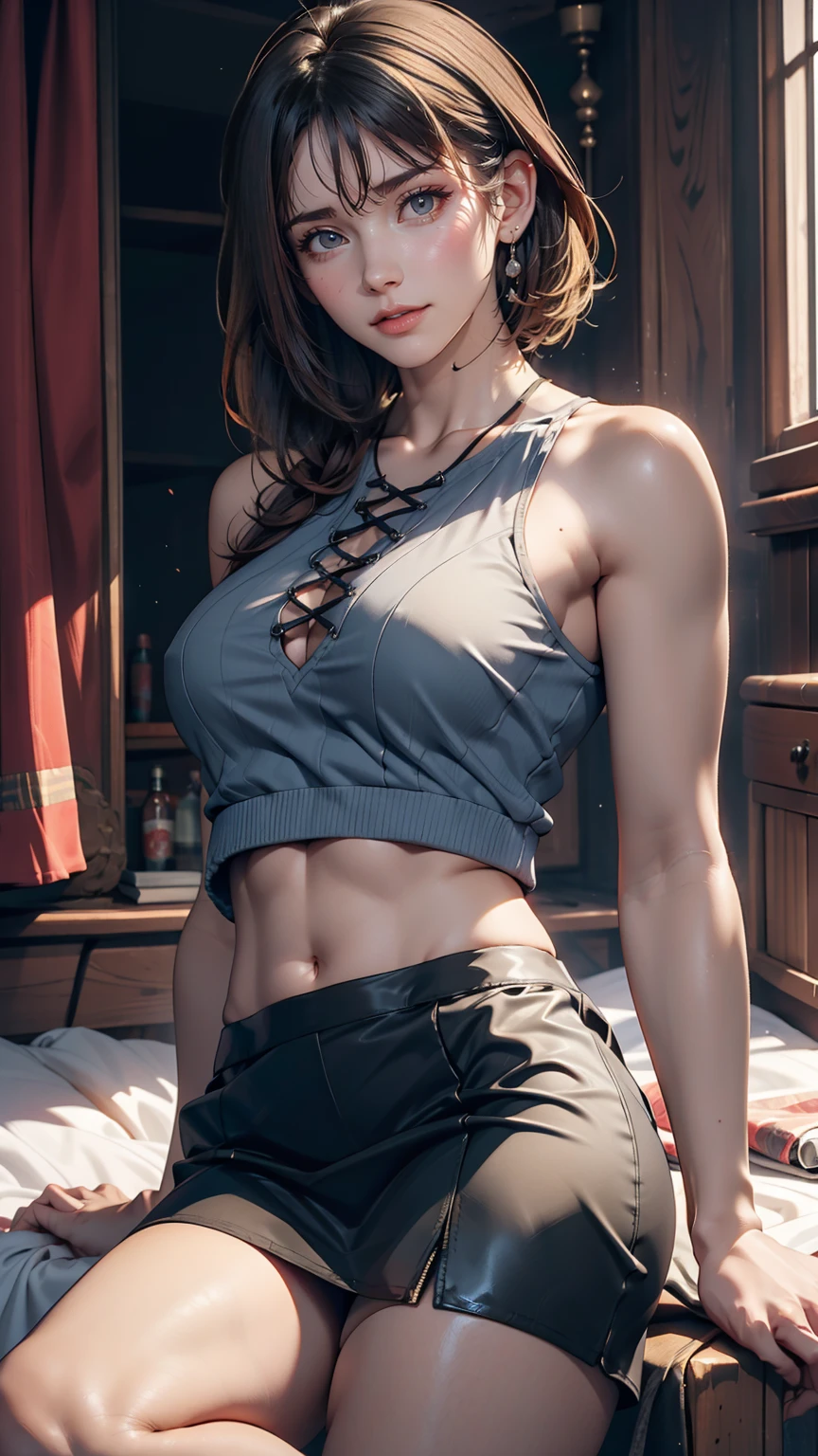 (masterpiece:1.3), (8k, Realistic, RAW Photos, Highest quality: 1.4), Japanese people々, (1 girl),Age 25, Beautiful Face, (Realistic Face), (Black Hair, short hair:1.3), Beautiful hairstyle, Realistic eyes, Beautiful Eyes, Beautiful Eyes, (Realistic Skin), Beautiful Skin, Charm, Ultra High resolution, High resolution, close, Portraiture, Golden Ratio, Detail Makeup, Behold the Beholder, smile, (Shoulder look), Middle Chest、woman、Sexy proportions、Sexy、Textured skin((textured skin))、Narrow waist、Long eyelashes、bottomless、topless、Lace-up sandals、smile、Cropped tops((crop top))Tops、Hipbone Skirt((hipbone skirt))、Stiletto heels