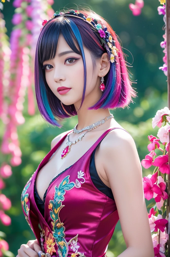 (masterpiece:1.4), (best quality:1.4), ultra high res, ultra high resolution, ((ultra detailed facial features)), HDR, (realistic, photorealistic, photo-realistic:1.37), full body Esbian, sexy Thai model, (-anime), vivid colors, ((vivid colors multicolor (fuchsia, pink, light blue, purple) very short hair)), (seductive smile), ultra detailed metallic makeup, lip-gloss, long lashes, defined eyebrows, wearing large sparkling colorful jewelery, wearing a red silk Paradise Kiss cosplay dress with black floral embroidery, ((vivid colors outfit)), vivid colors, look at the camera, cinematic light, large park background with trees, sweet and sexy pose
