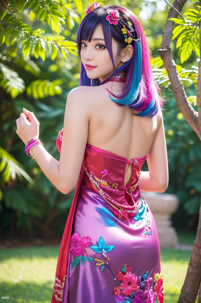 (masterpiece:1.4), (best quality:1.4), ultra high res, ultra high resolution, ((ultra detailed facial features)), HDR, (realistic, photorealistic, photo-realistic:1.37), full body Esbian, sexy Thai model, (-anime), vivid colors, ((vivid colors multicolor (fuchsia, pink, light blue, purple) very short hair)), (seductive smile), ultra detailed metallic makeup, lip-gloss, long lashes, defined eyebrows, wearing large sparkling colorful jewelery, wearing a red silk Paradise Kiss cosplay dress with black floral embroidery, ((vivid colors outfit)), vivid colors, look at the camera, cinematic light, large park background with trees, sweet and sexy pose