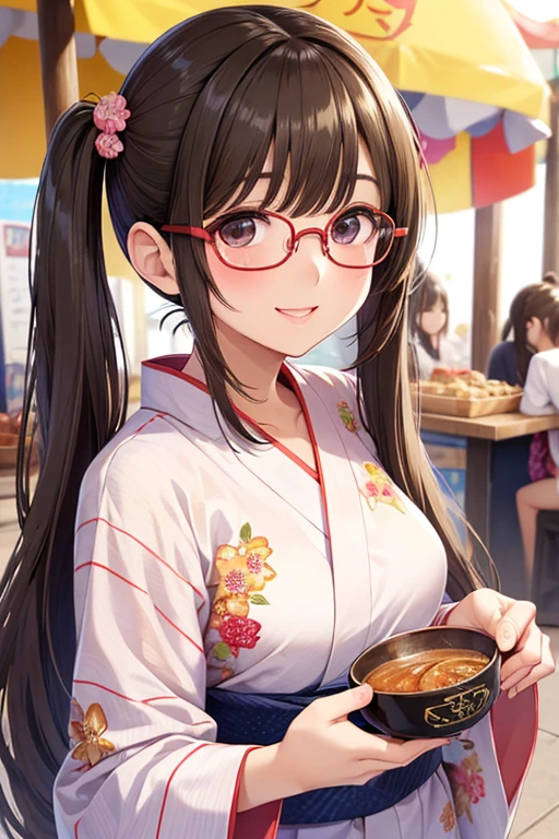 anegasaki nene、Shiny brown hair, short hair, (Beautiful brown eyes、Sparkling eyes, Fine grain)、smile、Ultra-detailed eyes、Highly detailed face, Highly detailed eyes,

masterpiece、High resolution、High resolution、High resolution、1 female、(Woman close up)、((Depiction of only the upper body))、
((Long twin tails))、((yukata、Round frame glasses))、Pink Lip Gloss、優しいsmile、blush、Smiling with teeth showing、((Festival food stalls))、