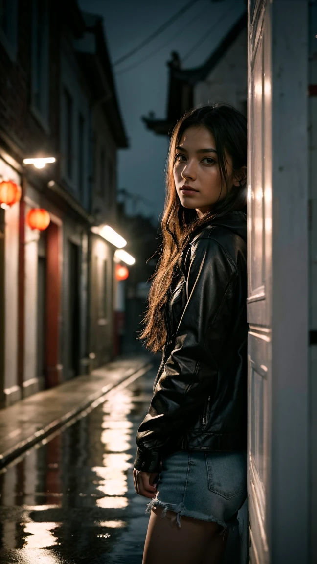 1 Girl,Independent,Long Hair,Rough skin,(Staring at the audience:1.2),Wet Hair,micro_Shorts,dark,Polaróioff,(profundidaoff_off_field:1.5),Wet day,Plein Air,street,Hair between the eyes,Moody lighting,Tyndall effect,Cinema Lighting,night,poste off iluminação,reflexo off lente,Available Light,luz off aro,Luzes off néon brilhantes,bent,Chinese_style,granoffs peitos