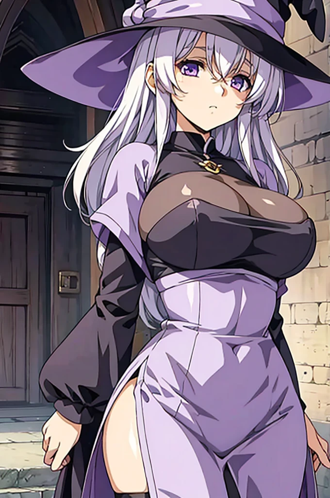 1girl, witch, lilac witch outfit, white hair, big breasts, cozy