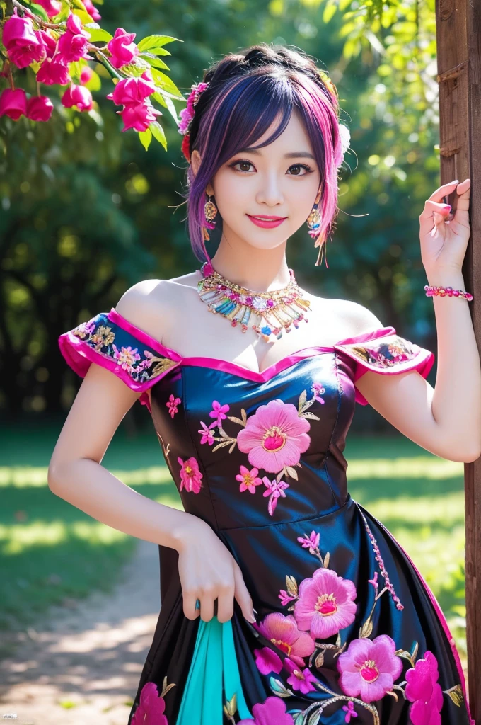 (masterpiece:1.4), (best quality:1.4), ultra high res, ultra high resolution, ((detailed facial features)), HDR, (realistic, photorealistic, photo-realistic:1.37), full body Esbian, sexy swedish model, (-anime), only 1 model, vivid colors, ((vivid colors multicolor (fuchsia, pink, light purple) very short hair)), (beautiful smile), lip-gloss, long lashes, defined eyebrows, wearing large sparkling colorful jewelery, wearing a red silk Paradise Kiss cosplay dress with black floral embroidery, ((vivid colors outfit)), vivid colors, look at the camera, cinematic light, large park background with trees, sweet and sexy pose