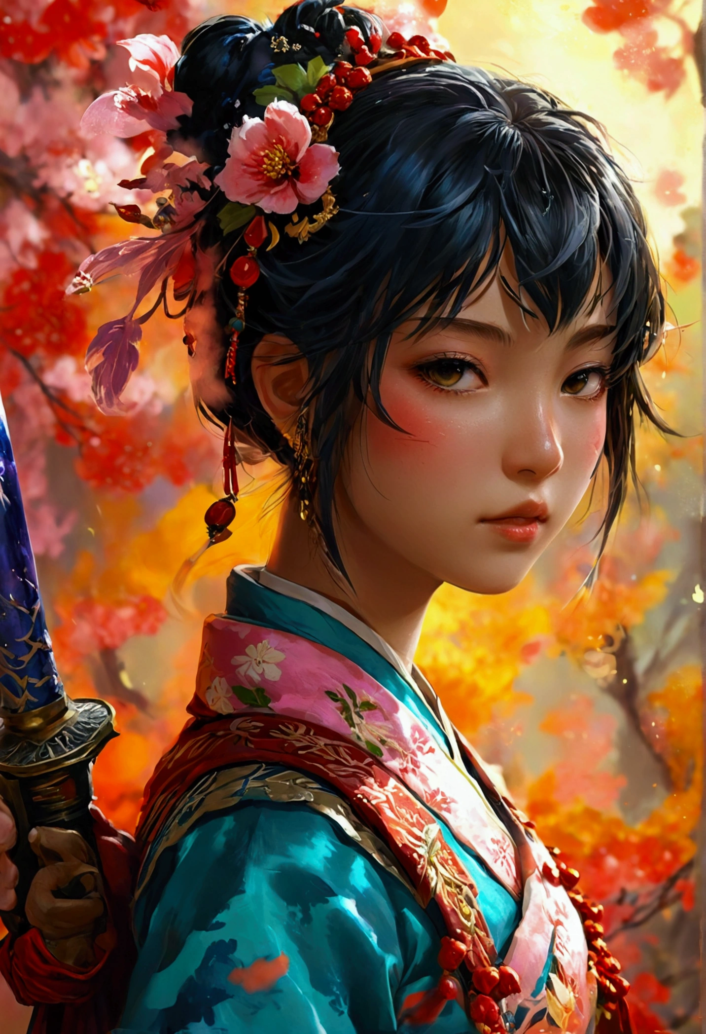 A character in the art style of the anime called "the apothecary diaries" with mao mao. She is a fighter, but wears traditional clothes (2d)