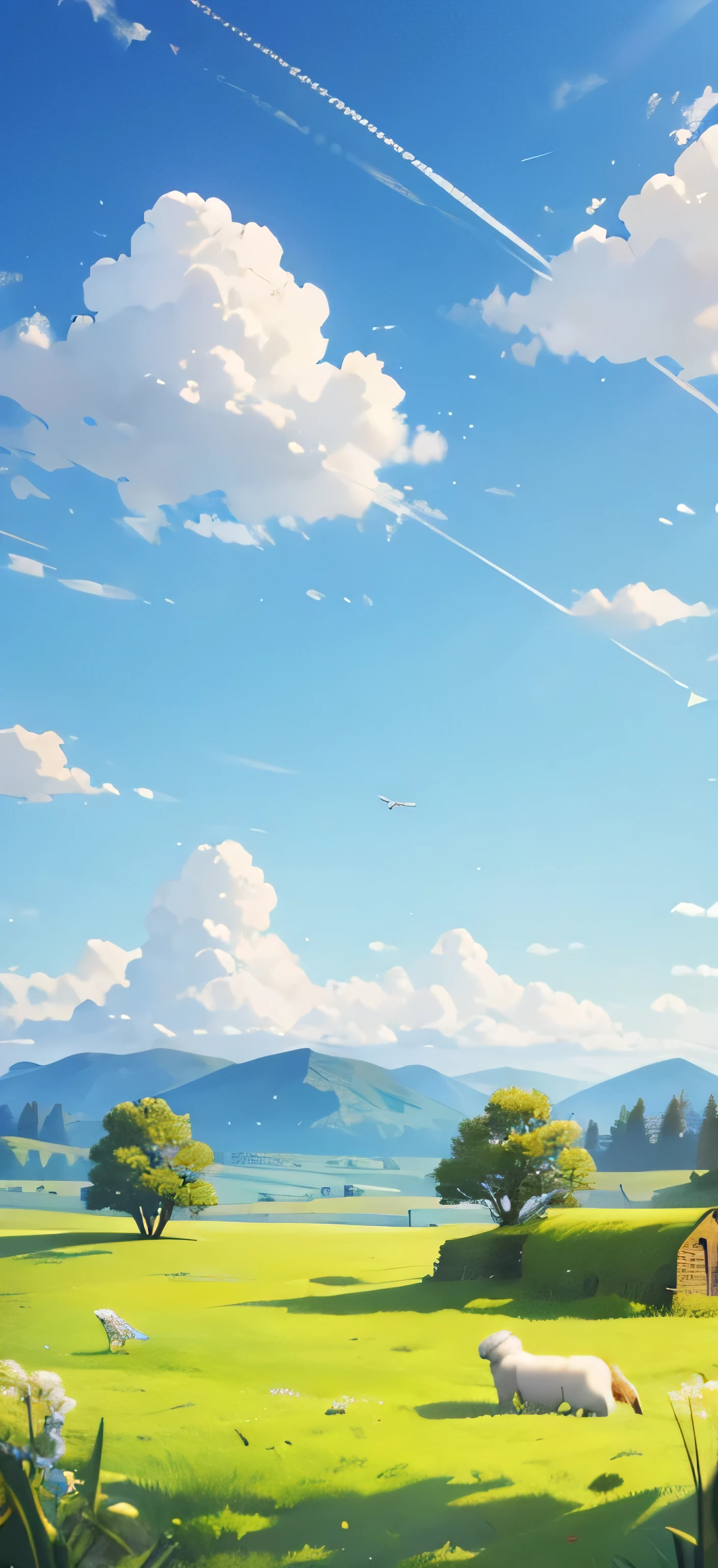 4k HD wallpaper boundless grassland，Blue sky，White Cloud，Endless meadows，daytime，Animals in the picture，sheep，ox，etc.，The sky occupies a large proportion of the screen