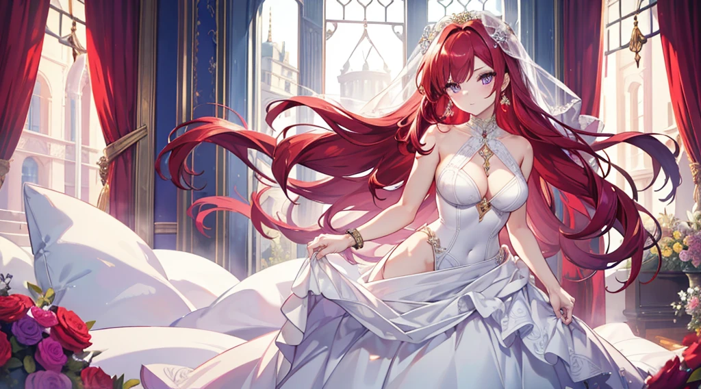 Highest quality, masterpiece, figure, wallpaper,One woman, Beautiful detailed woman, Highly detailed eyes and face, Beautiful attention to detail, Shine, View your viewers, Purple Eyes,,Bright Red Hair ,crisp finger, clear background, deep night、Big earrings、bracelet,28 years old,Are standing,Slim body,Wedding dress