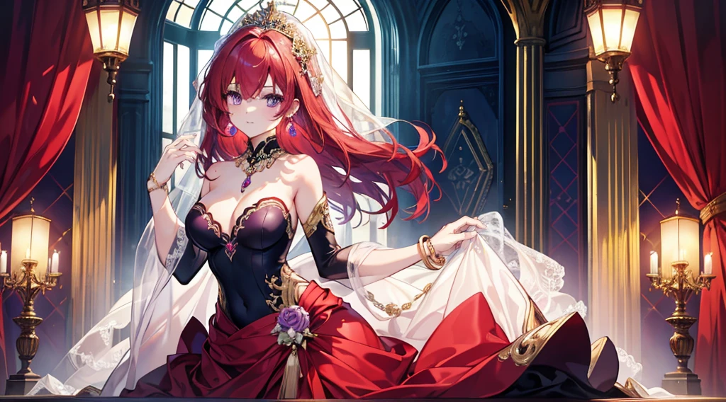 Highest quality, masterpiece, figure, wallpaper,One woman, Beautiful detailed woman, Highly detailed eyes and face, Beautiful attention to detail, Shine, View your viewers, Purple Eyes,,Bright Red Hair ,crisp finger, clear background, deep night、Big earrings、bracelet,28 years old,Are standing,Slim body,Holding a gun