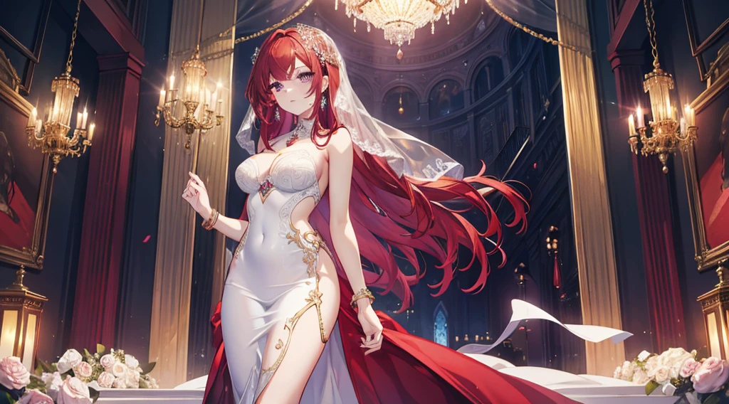 Highest quality, masterpiece, figure, wallpaper,One woman, Beautiful detailed woman, Highly detailed eyes and face, Beautiful attention to detail, Shine, View your viewers, Purple Eyes,,Bright Red Hair ,crisp finger, clear background, deep night、Big earrings、bracelet,28 years old,Are standing,Slim body,Wedding dress