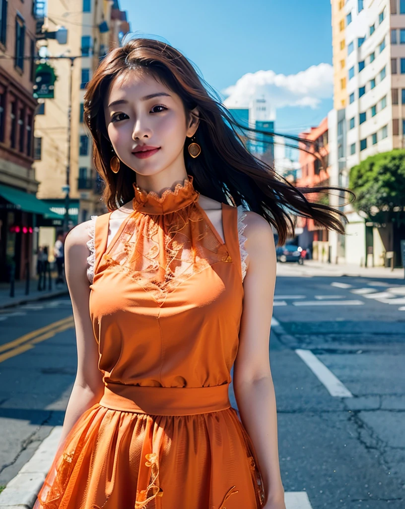 a woman posing on the street corner with light orange dress on, best quality, high res, 8k, 1girl, (huge breasts), day, bright, outdoor, (street:0.8), (people, crowds:1), (lace-trimmed dress:1.5, light orange clothes:1.5, orange high-neck dress:1.5, sleeveless dress, orange dress: 1.5), gorgeous, (medium hair), beautiful detailed sky, beautiful earrings, (dynamic pose:0.8), (upper body:1.2), soft lighting, wind, shiny skin, looking at viewer, 