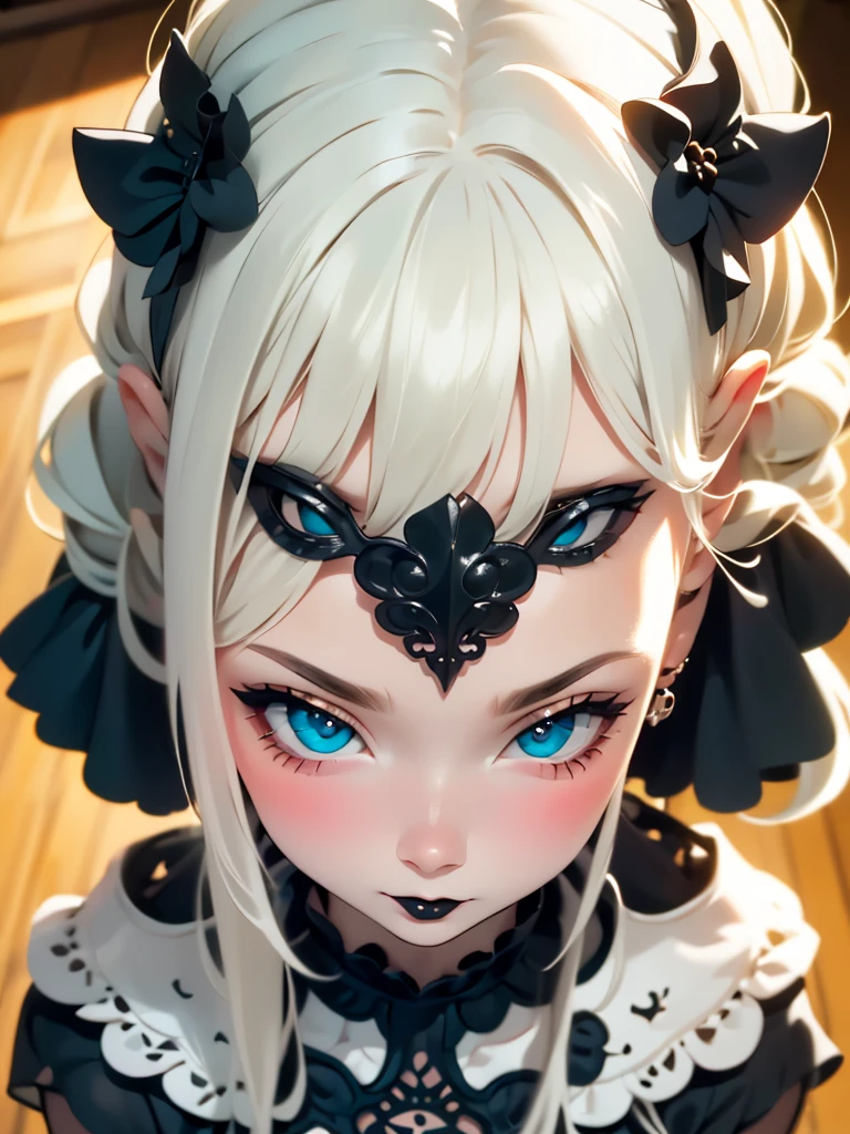 (UHigh resolution, retina, masterpiece, Accurate, Anatomically correct, Textured skin, Very detailed, Attention to detail, high quality, 最high quality, High resolution, 1080P, High resolution, 4K, 8k, 16K), (Beautiful details, Beautiful lip detail, Very detailed目と顔), Studio Lighting, Physically Based Rendering, Vibrant colors, (Gothic Dress), (Portraiture, Shiny Hair, Glowing Skin), [Stained Glass Windows, Bokeh], (incline one's head to the side:1.5), Eye Reflexes, (blush:1.5), (Gothic art, Pale skin, From above:1.5), Monochrome,