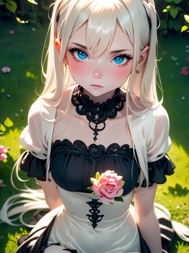(UHigh resolution, retina, masterpiece, Accurate, Anatomically correct, Textured skin, Very detailed, Attention to detail, high quality, 最high quality, High resolution, 1080P, High resolution, 4K, 8k, 16K), (Beautiful details, Beautiful lip detail, Very detailed目と顔), Studio Lighting, Physically Based Rendering, Vibrant colors, (Gothic Dress), (Portraiture, Shiny Hair, Glowing Skin), [Stained Glass Windows, Bokeh], (incline one's head to the side:1.5), Eye Reflexes, (blush:1.5), (Gothic art, Pale skin, From above:1.5), Monochrome,