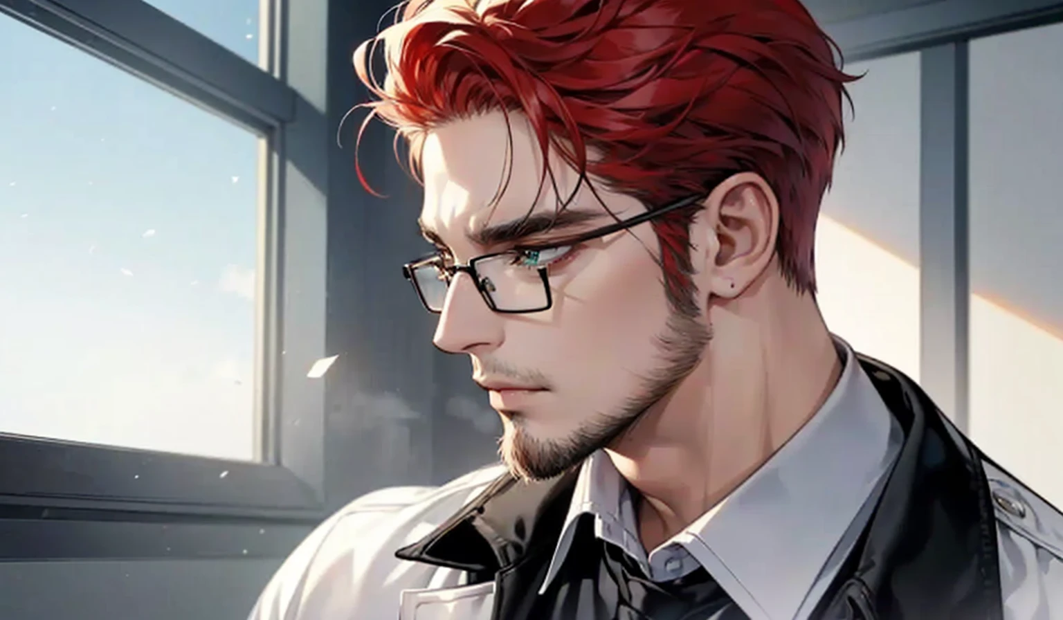 ((profile pic)), (best quality detailed image beautiful image 8K photorealistic dramatic lighting 1:1) (digital art digital illustration) (camera focused on face) (cold colors dim lighting) Art Manhwa 29 year old cold man very handsome red hair in back gel style, elegant clothes light green eyes (piercing gaze cold expression perfect face perfect lines) Teacher, university, Classroom, ((black glasses)), handsome teacher, Serious and cold look, ((Male square face)), short beard, Sweater and smart white closed dress shirt, Lonely, Thick masculine nose, ((light beard)), everything perfectly put on, ((hair perfectly combed))