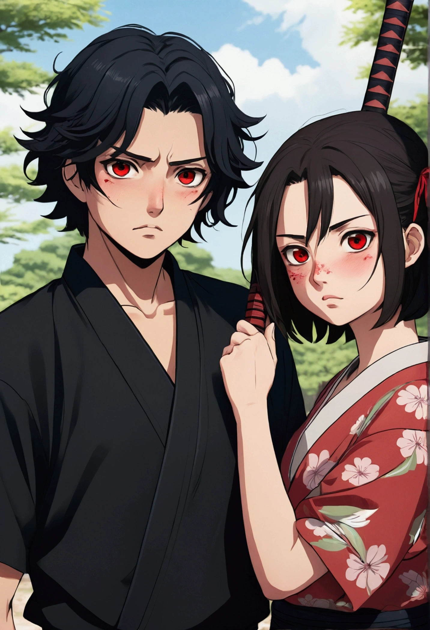 Kimetsu no yaiba style best quality 0.8,beautiful Dark hair.  short hair (short above the shoulders) . Young woman with detailed red eyes (red eyes) dull and sad detailed. droopy eyes. warm face, his face has dirt, foreground. katana. (Alone) (in a training camp) (wooden katana) (sunny day) foreground (detailed face) (Women) (famale) embarrassed face, slightly blushing, shy (Shy attitude) trying to hide their face out of embarrassment (trying to cover his face with his forearm out of embarrassment, looking to the side embarrassed 