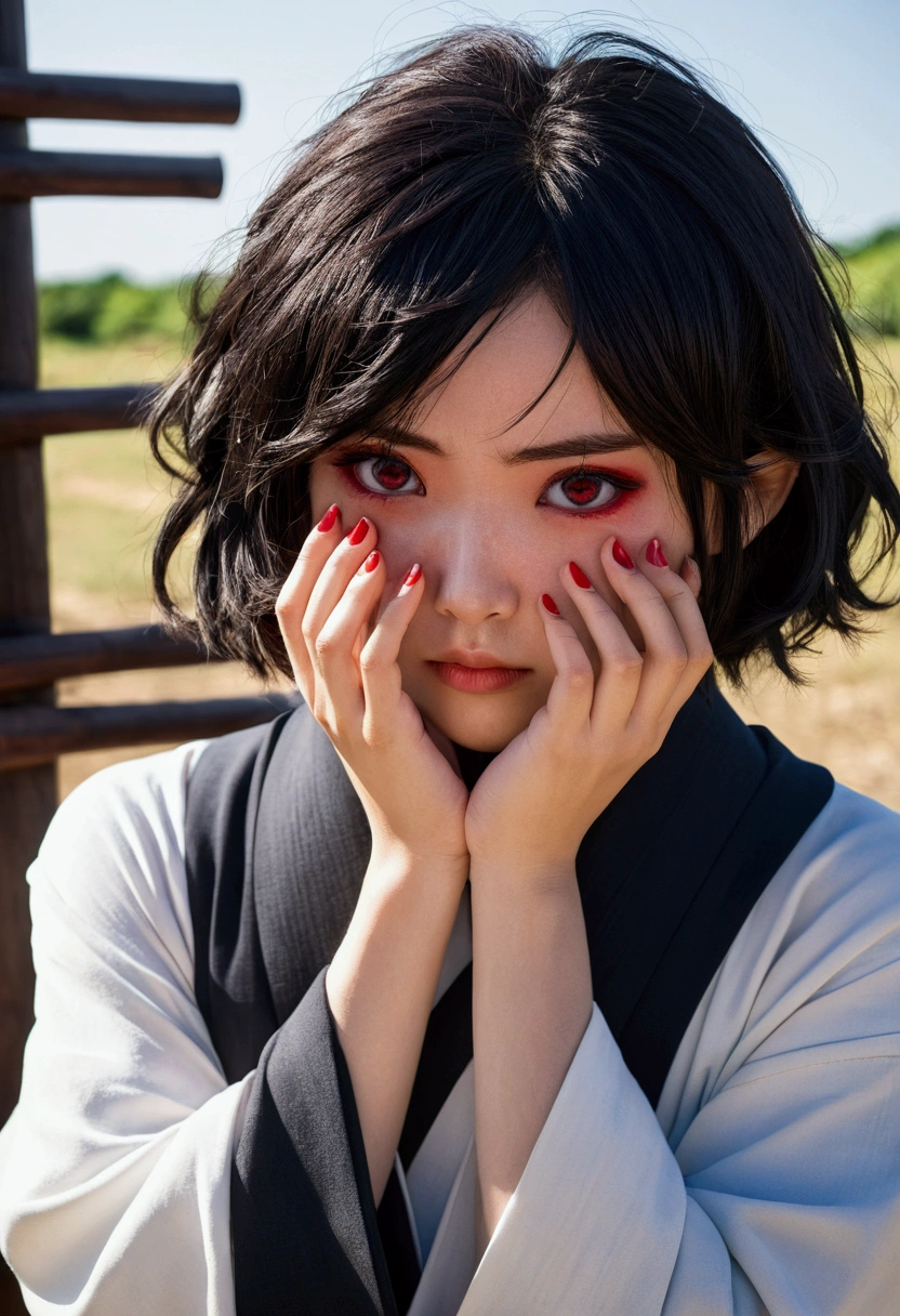 Kimetsu no yaiba style best quality 0.8,beautiful Dark hair.  short hair (short above the shoulders) . Young woman with detailed red eyes (red eyes) dull and sad detailed. droopy eyes. warm face, his face has dirt, foreground. katana. (Alone) (in a training camp) (wooden katana) (sunny day) foreground (detailed face) (Women) (famale) embarrassed face, slightly blushing, shy (Shy attitude) trying to hide their face out of embarrassment (trying to cover his face with his forearm out of embarrassment, looking to the side embarrassed 