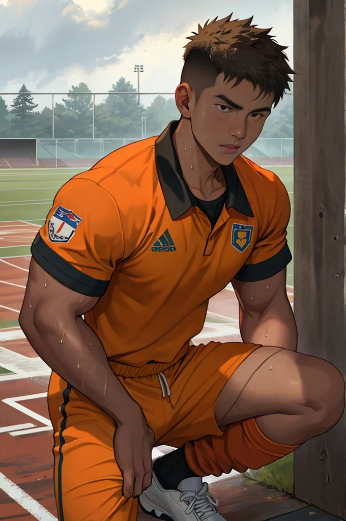 (((1人))),serius face,Malayan,musculous,Naked upper body,(with brown eye),track suit,(Skinny sweatshirt),Handsome,athlete,dyna,(sfv),(soccer player),(Run muddy over the fields),(grimy),(Body sweating),(Clay on cloth),Wet socks,Rained,stadio,(The cloudy),(Complicated details,tmasterpiece,high high quality,best qualtiy,realisticlying),(Muscle bear:0.25),realisticlying,8K UHD,DLSR,cinmatic lighting,dynamicposes,Exact proportions,Warm natural light, naturalshadow,