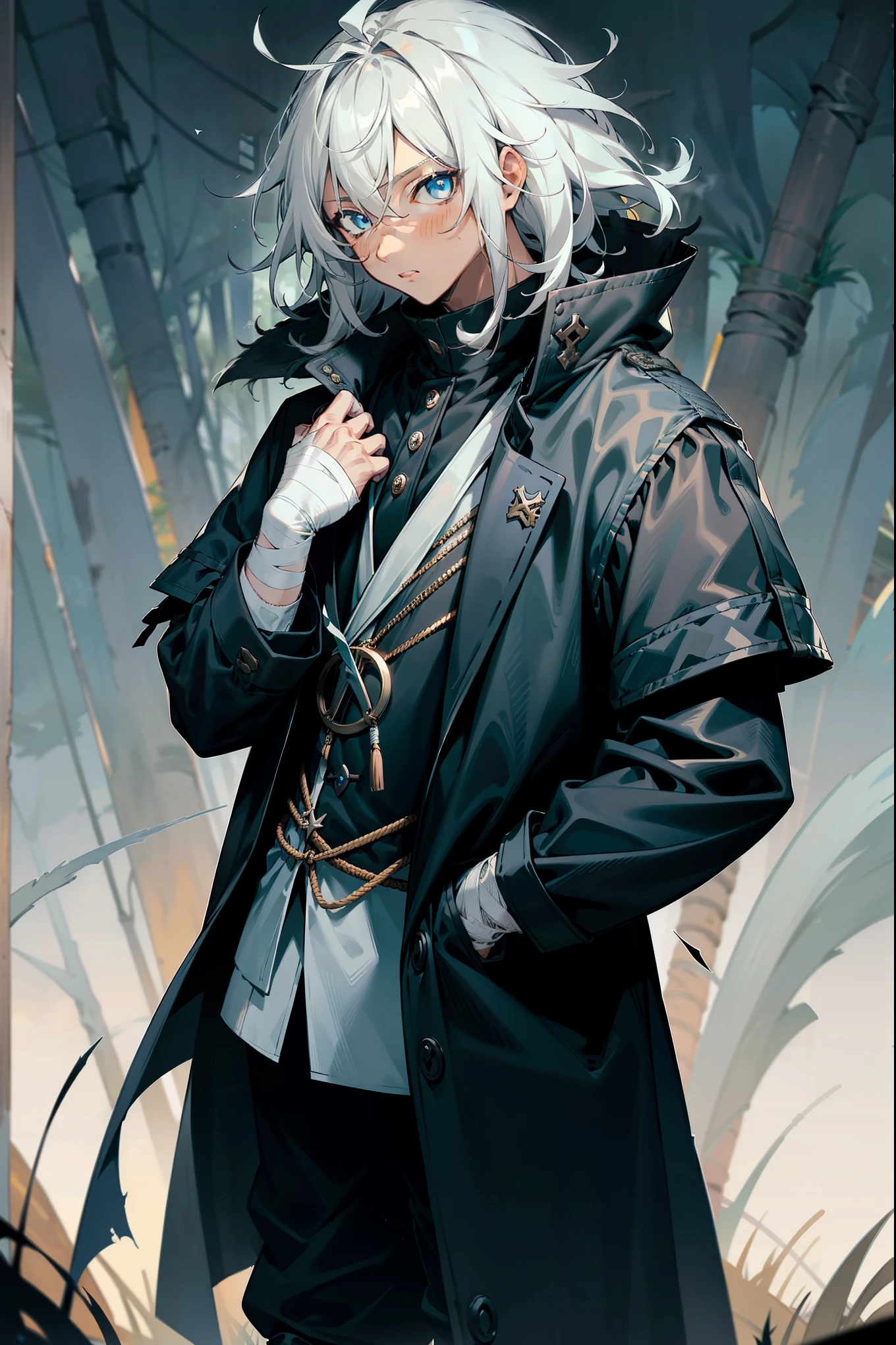 1male, tan skin, black highlighted hair, black and white hair, messy hair, wavy hair, blue eyes, uninterested expression, (dark blue oversized coat), black joggers, black undershirt, bandaged clothing, grassland background, standing on path, hands to side