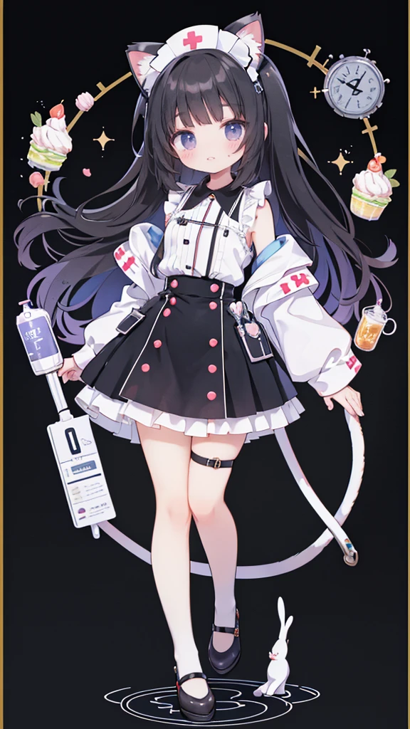 masterpiece,best quality,Official Art,Extremely detailed CG unity 8k wallpaper, beautiful girl,Nurse, Kawaii,with her cat ears up, anime girl ,standing,Wearing white stockings,mini skirt,sleeveless tops,energetic and cute,black hair,long hair,Nurse tiara