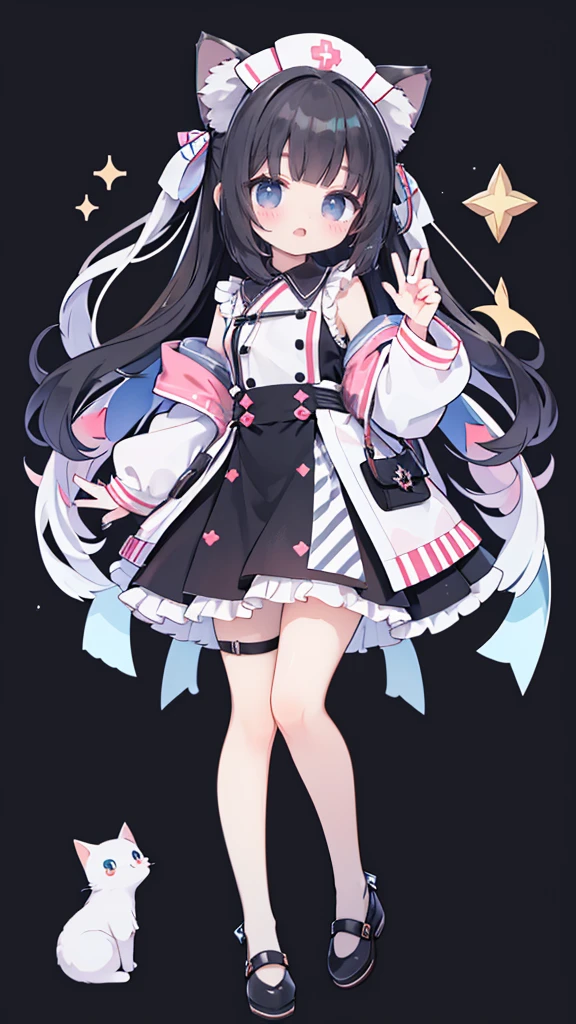 masterpiece,best quality,Official Art,Extremely detailed CG unity 8k wallpaper, beautiful girl,Nurse, Kawaii,with her cat ears up, anime girl ,standing,Wearing white stockings,mini skirt,sleeveless tops,energetic and cute,black hair,long hair,Nurse tiara