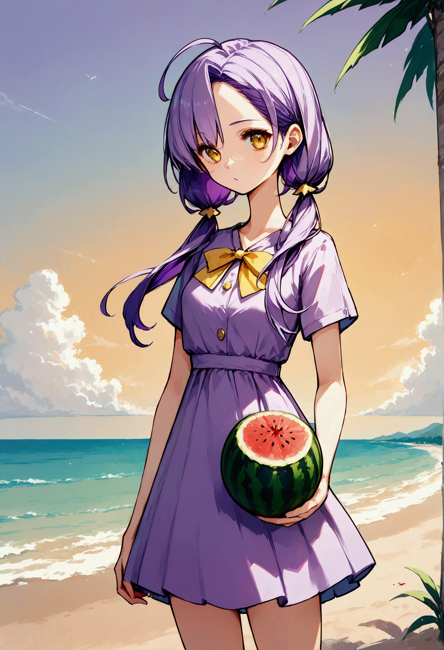 Highest quality, masterpiece, High resolution, detailed, Perfect ???????, Eat WM, Triangular watermelon, holding watermelon, Beach, Blood, Purple Hair, Yellow Eyes, Twin tails, low Twin tails, Yellow ribbon, Purple Dress, Barrette, Ahoge,