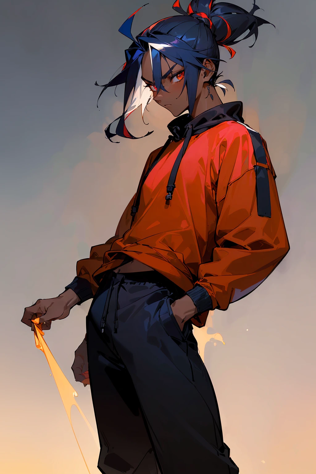 ((masterpiece,best quality,1male,male focus,masculine,solo,closed mouth,ager,muscle,muscular,katana,samurai)),((((navy blue hair,topknot hair)))),((golden eyes,perfect eyes,glowing eyes,perfect face,calm demeanor)),((((black skin tone,dark skin color,standing still,caramel skin color,black sweatshirt,red sweatshirt,multicolored sweatshirt,black jogger pants,black pants)))),((medieval background,afternoon))