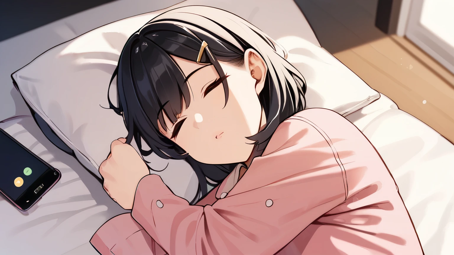 maisakurajima, Mai Sakurajima, long hair, bangs, sleeping with both eyes closed,windows，romantic starry sky，A meteor crosses,pink nightgown,white string underwear,barefoot,Sleeping lying on your back in bed,night,sleep with your head on the pillow,dark room,night, moonlight,
break indoors, Bedroom,
break (masterpiece:1.2), highest quality, High resolution, unity 8k wallpaper, (figure:0.8), highly detailed face, perfect lighting, Very detailed CG, (perfect hands, perfect anatomy),