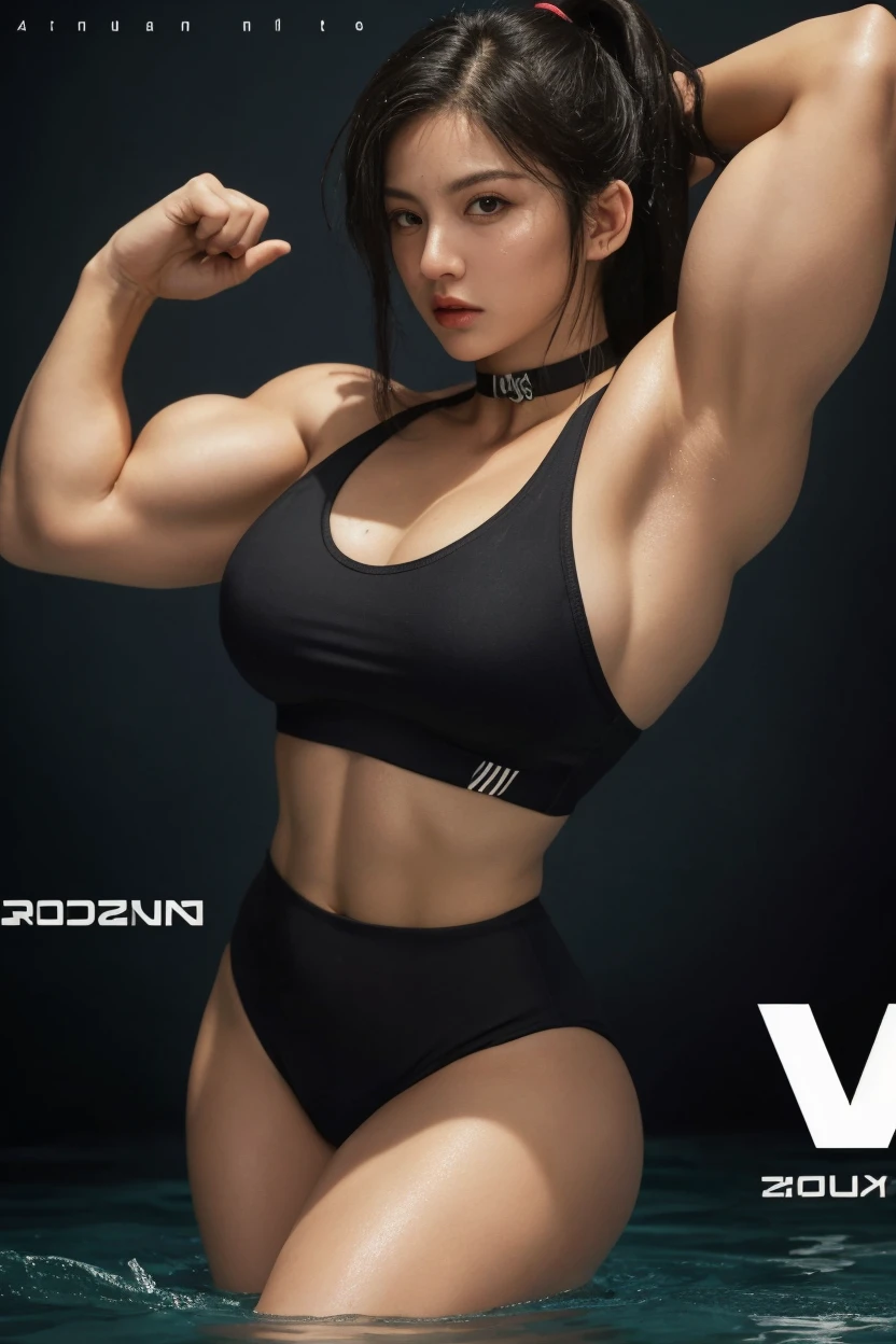 (Best quality,8K,ultra high res:1.5),(very beautiful pretty straight hair korean actress girl),(Huge breasts:1.80),(very voluptuous body),(body builder girl:1.5),(wide muscle:1.8),(very light black hair),(moles),(smile),(eyes to camera),(sexy thighs),(cover:1.8),(top view),(leather bikini:1.00)