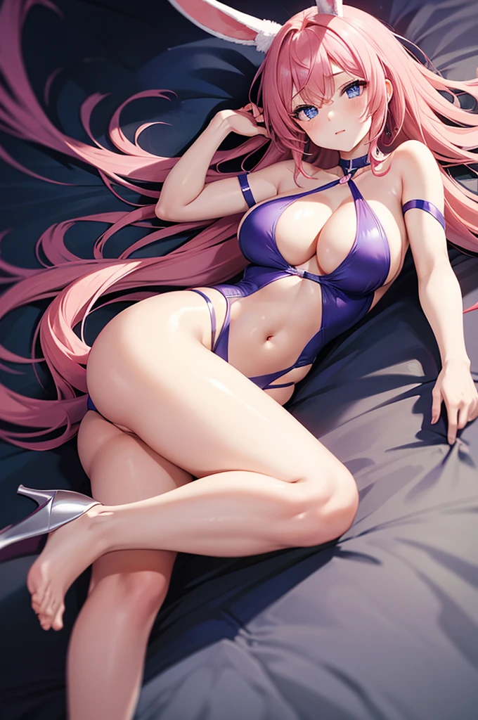 masterpiece, Highest quality,Beautiful Eyes, Beautiful Hair, Beautiful Face, Beautiful Skin, alone, 1 girl, 勃起した乳head, Anime Girls, (whole body), Curvy, Beautiful breasts,Glowing Skin,Shining Eyes, Smooth Skin, Glowing Skin, Soft Skin, Glowing Skin, (Purple slingshot swimsuit with no shoulder embellishments, head, or abdomen.)、Side bust, Cleavage, barefoot, High heels, (Pink Hair), (bare head:1.3), (Exposing shoulders:1.3), (bare collarbones:1.3), fake rabbit ears, blue eyes, Are standing