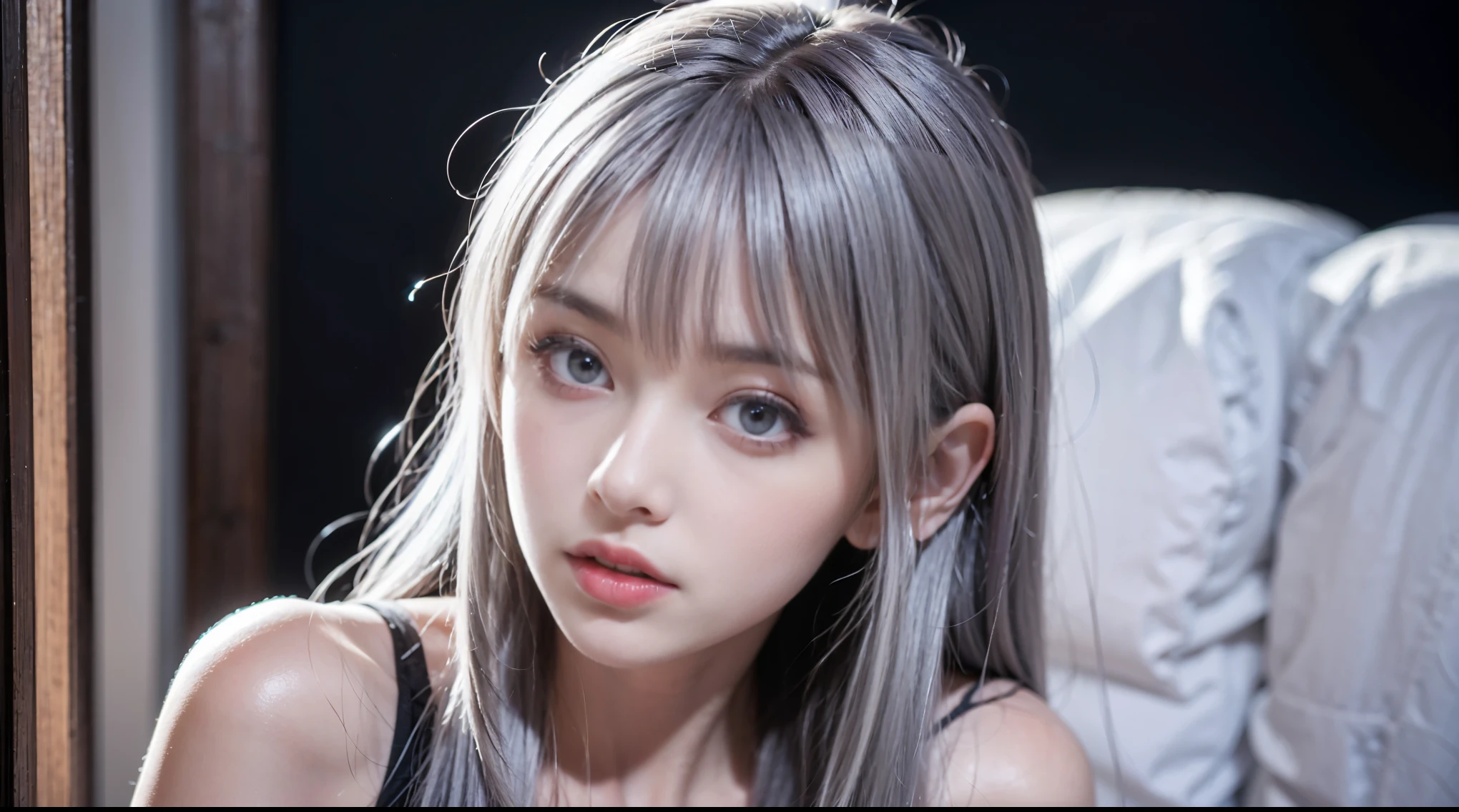 Ahegao,Young girl 12 years old, Long silver hair, red eyes,expression of pain,both are visible,genitals visible,Clara from honkai star rail,realistic,ultra detail, 70mm lens.