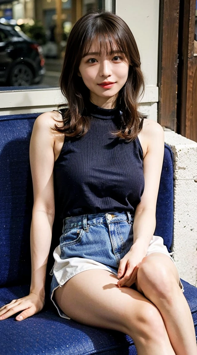 Create an image of a young woman named Iroha, focusing on her long, slender legs and slightly plump thighs. Iroha is 23 years old with shoulder-length hair that has soft curls, resembling Satomi Ishihara, giving her a cute and approachable look. She has a healthy and fit body with a natural glow to her skin. Her appearance is both cute and modest, with a hint of seductive charm.
In this image, Iroha is wearing a tight pair of denim shorts that accentuate her long, slender legs and slightly plump, toned thighs. She is sitting on a chair in a stylish outdoor cafe with one leg crossed over the other, highlighting the smooth and toned skin of her thighs. Her posture is graceful, with her back straight and her head slightly tilted as she smiles warmly. Her large, inviting eyes and warm smile reflect her cheerful and bubbly personality. She is also wearing a sleeveless top, which complements her casual yet stylish look.
The background is a charming outdoor cafe with plants and cozy seating, creating a relaxed and pleasant atmosphere. The lighting should accentuate the natural glow of her skin and the delicate features of her legs and thighs. Capture the essence of her youthful beauty and the graceful elegance of her long, slender legs and slightly plump thighs in this detailed image.