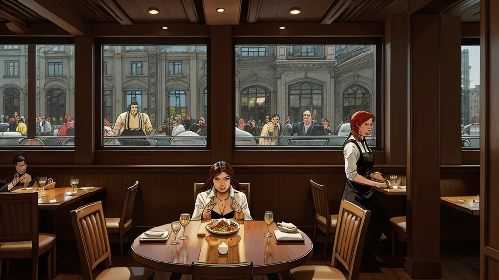 a restaurant, a restaurant в москве, public place, indoors, big windows, luxury, дорогой a restaurant, people have lunch, workers greet guests, Marvel Comics Style, comics