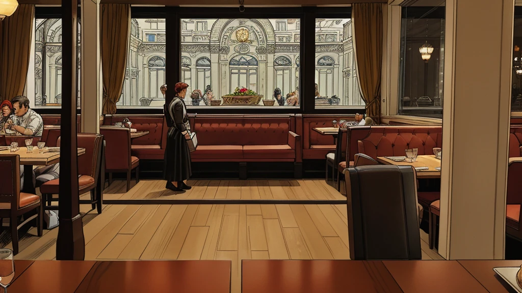a restaurant, a restaurant в москве, public place, indoors, big windows, luxury, дорогой a restaurant, people have lunch, workers greet guests, Marvel Comics Style, comics
