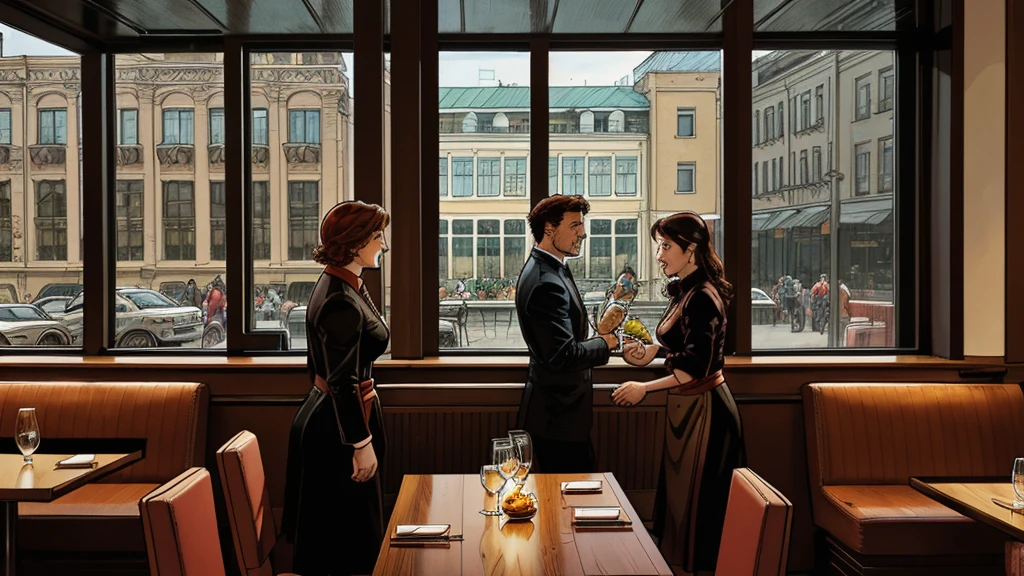 a restaurant, a restaurant в москве, public place, indoors, big windows, luxury, дорогой a restaurant, people have lunch, workers greet guests, Marvel Comics Style, comics