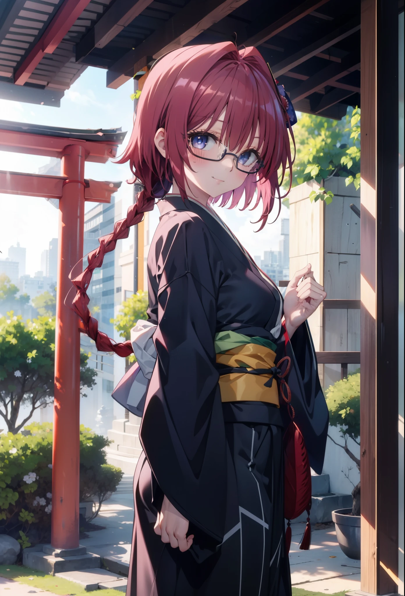 Meia Kurosaki,Meia Kurosaki,Redhead,Long Hair,Long braids,Purple eyes,Glasses, (Small breasts:1.2),Shrine maiden, 白いkimono, kimono, As with the skirt, Wide sleeves, Long sleeve, Red too,Long skirt,White tabi,Sandals,smile,blush,Sleeves edged with ribbon, whole bodyがイラストに入るように,
break looking at viewer,whole body, (Cowboy Shot:1. 5)
break outdoors, shrine,torii,
break (masterpiece:1.2), Highest quality, High resolution, unity 8k wallpaper, (shape:0.8), (Beautiful attention to detail:1.6), Highly detailed face, Perfect lighting, Extremely detailed CG, (Perfect hands, Perfect Anatomy),