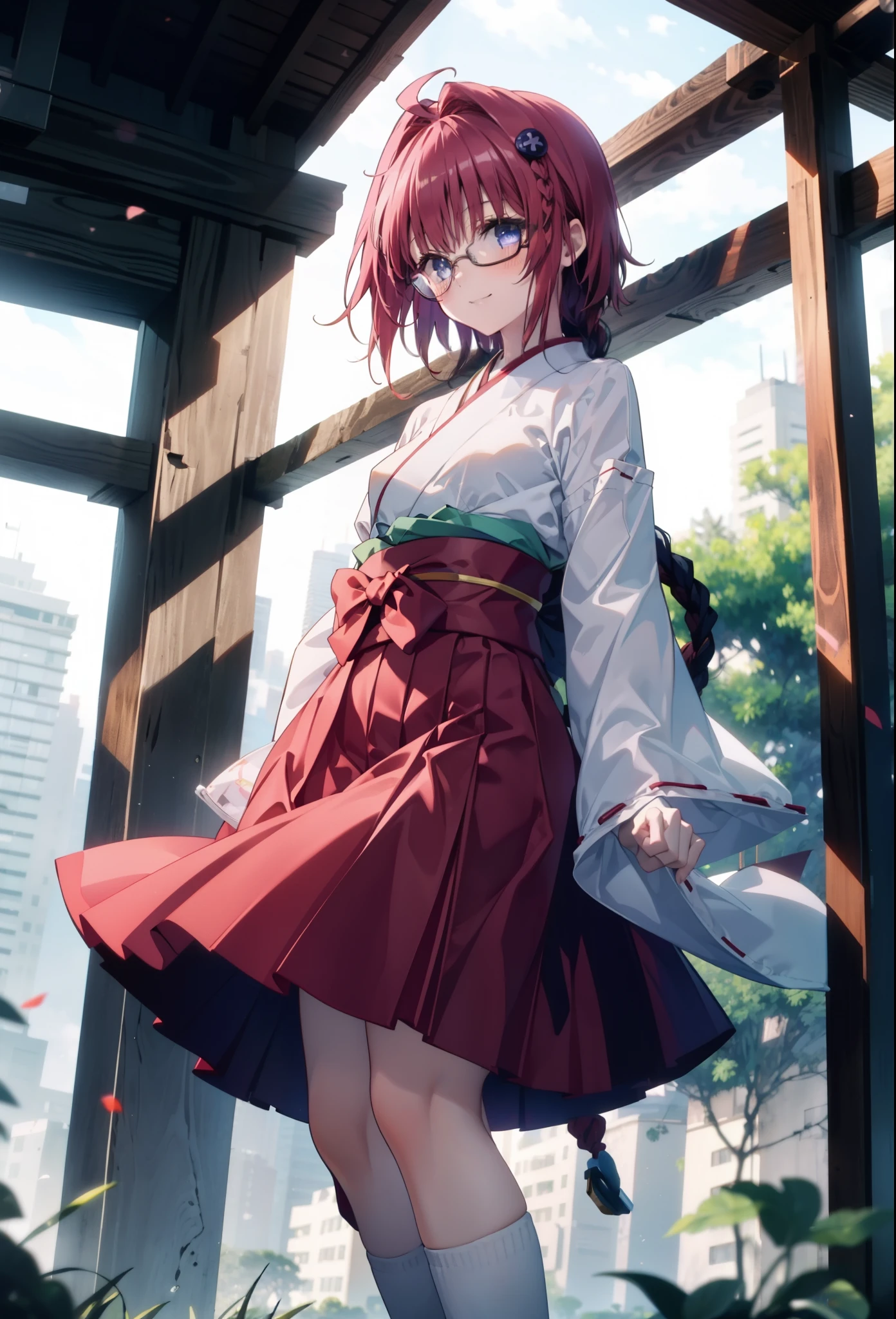 Meia Kurosaki,Meia Kurosaki,Redhead,Long Hair,Long braids,Purple eyes,Glasses, (Small breasts:1.2),Shrine maiden, 白いkimono, kimono, As with the skirt, Wide sleeves, Long sleeve, Red too,Long skirt,White tabi,Sandals,smile,blush,Sleeves edged with ribbon, whole bodyがイラストに入るように,
break looking at viewer,whole body, (Cowboy Shot:1. 5)
break outdoors, shrine,torii,
break (masterpiece:1.2), Highest quality, High resolution, unity 8k wallpaper, (shape:0.8), (Beautiful attention to detail:1.6), Highly detailed face, Perfect lighting, Extremely detailed CG, (Perfect hands, Perfect Anatomy),