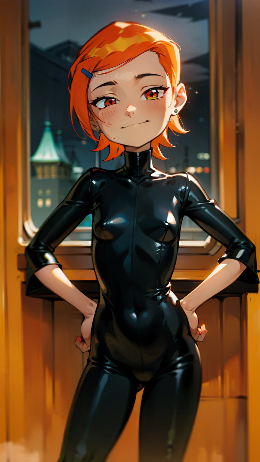 (Masterpiece), Best Quality , ultra-detailed, 1girl (Gwendolyn_Tennyson, breasts, orange hair, short hair, slicked-back hair, red eyes, half-closed eyes), a evil face, wicked smile,  solo, facing viewer, looking at viewer, black latex bodysuits, in the  room, night time,  standing, Sexy waist teasing, a provocative pose , hands on hips 