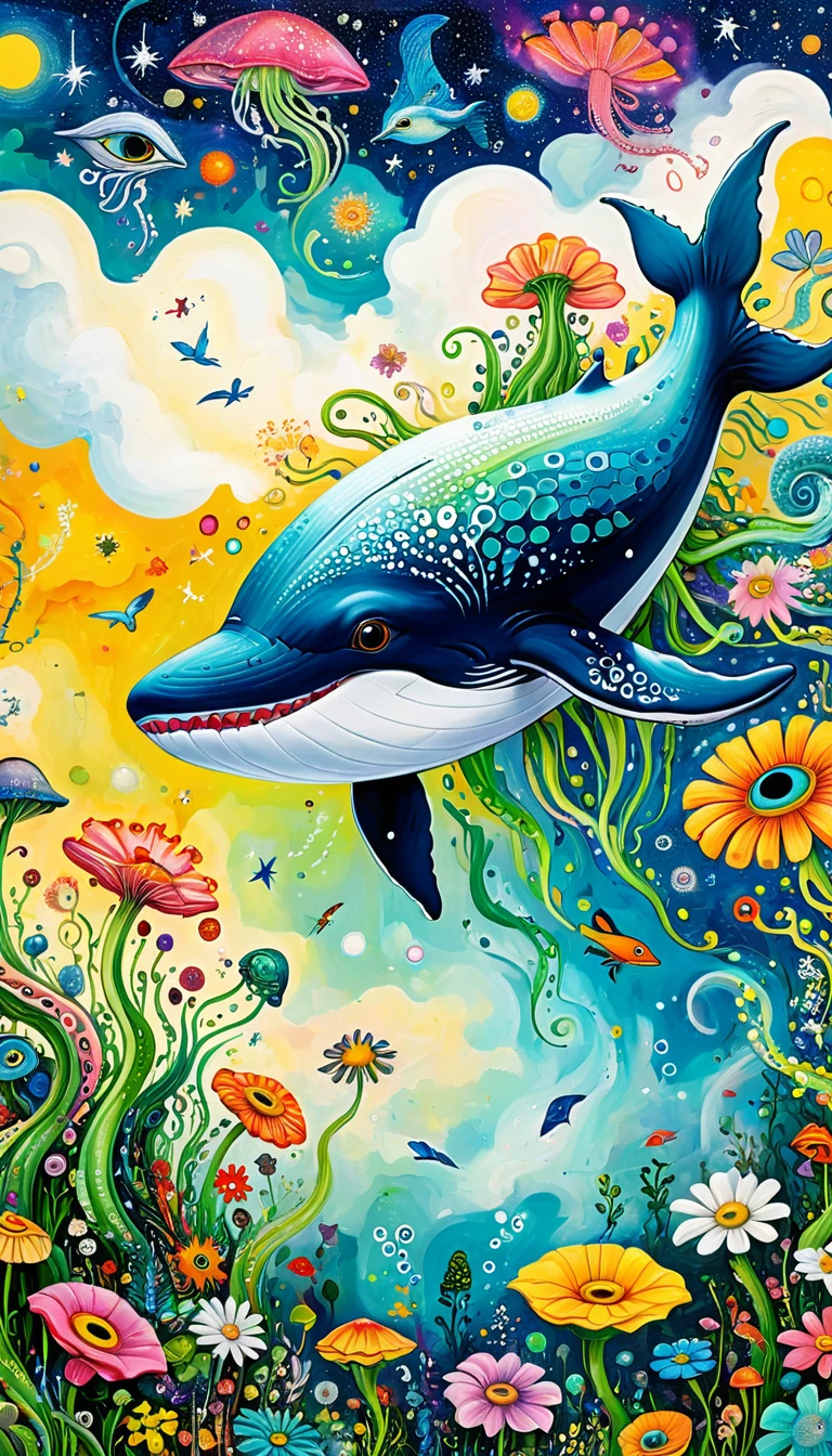 Children's graffiti,Thick coating,Concave and convex texture,Oil pastel strokes:Artists from the stars,Flying Whale:1.37、White Cloud、flowesh、Tentacles、bird、(((Eye)))、diatom,Abstract mosaic painting,Describing the inner world of autistic people,Large area of white,interesting,Innocence,Vision,Psychedelic Art,